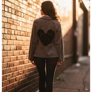 Upcycled Vintage Gray Corduroy Blazer with Black Heart Patch sequin NWT smedium